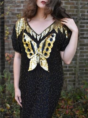 Vintage 100% Silk Extremely Rare 90s Fully Band Beaded Butterfly Dress Size 2xl